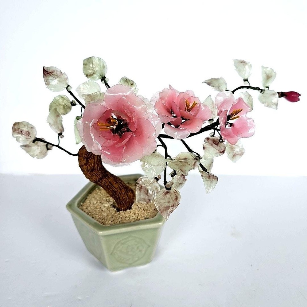 Vintage Chinese Glass Bonsai Tree Pink Cherry Blossom Celadon Pot Chinoiserie